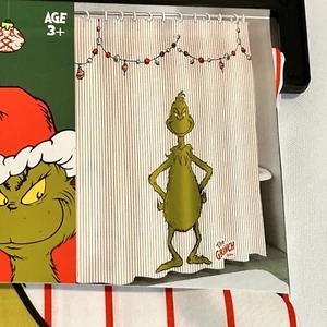 The Grinch Christmas Fabric Shower Curtain 70" x 72" Red Stripes Grinch Lights - Picture 1 of 9