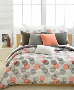 2 pc Lacoste Odaiba TWIN Duvet Cover & Sham SET Burnt Coral New Orange Gray - Picture 1 of 7