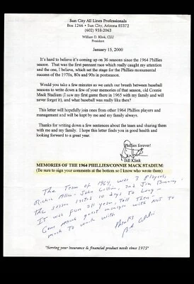 FAN LETTER RESPONSE- BOB OLDIS:  1964 PHILADELPHIA PHILLIES, BAS CERTIFIED - Image 1 of 2