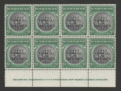 Bahamas 1942 3/- Slate-purple & myrtle-green Imprint block SG 173 Mnh. - Image 1 of 2