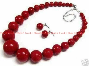 "Set Collana Orecchini Perline Rotonde Pietra Preziosa Corallo Rosso Originari Naturali 6-14 mm 18""" - Foto 1 di 12