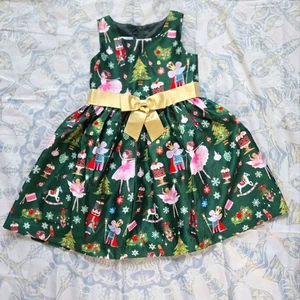 BONNIE JEAN Phoebe Nutcracker Holiday Green Gold Bow Sleeveless Dress Girls' 3T - Picture 1 of 10