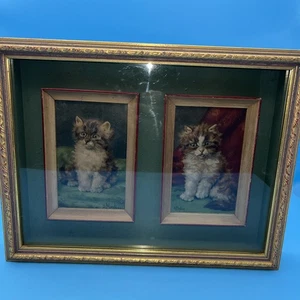 Vtg 2 Double Framed Daniel Merlin Raised Embossed Cat Kitten Prints Signed - Picture 1 of 9