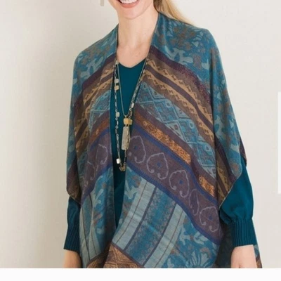 Chicos Lurex Jacquard Metallic Aztec Western Rodea Fringe Boho Fall Ruana WrapOS - Image 1 of 4