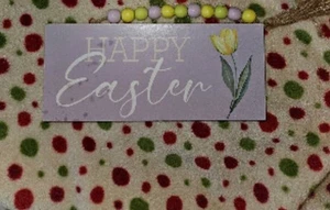 New! "Happy Easter" Wood Sign Beads Farmhouse Tulips Floral Easter Table Decor - Picture 1 of 4