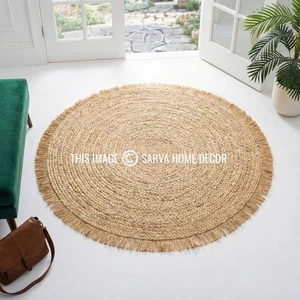 Round Jute Rug Natural Braided Floor Mat with Fringe–Handmade Eco-Friendly Decor - Picture 1 of 9