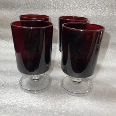 Vintage RUBY RED GLASS STEMMED GOBLET CLEAR BASE ARCOROC FRANCE 4.2 in Tall - Image 1 of 4