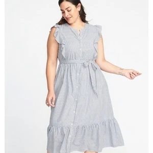 OLD Vestido Midi Azul Marino Corbata Cinturón No Peek Talla Grande 2XL Forrado 100% Algodón - Imagen 1 de 7