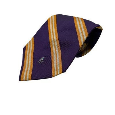 Polo Ralph Lauren Striped Necktie Purple Gold White Logo VTG - Image 1 of 3