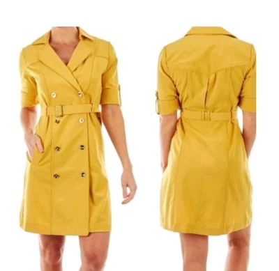 NWT Sharagano Belted Shirt Trench Coat Dress Yellow Size 16 Button Tab Sleeves - Image 1 of 4