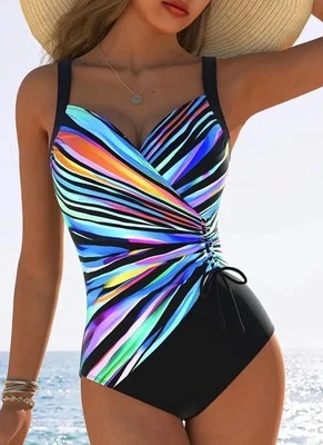 Figurbetonter Badeanzug mit buntem Streifenmuster – Bauchweg-Effekt, L (40/42) - Bild 1 von 3