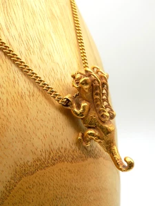 Vintage Gold Tone Alva Studio Reproduction Lion Tiger Dragon Pendant Necklace - Picture 1 of 7