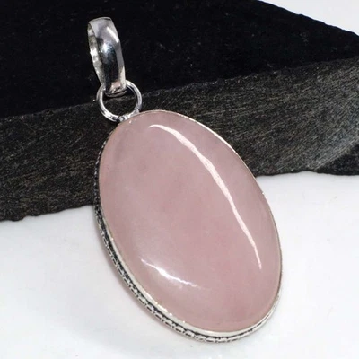 Colgante hecho a mano de cuarzo rosa enchapado en plata 925 2" joyería gruesa JW Foto 1 de 3