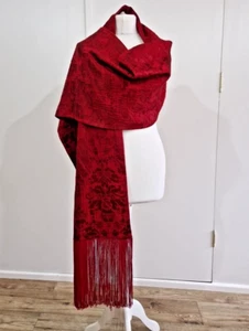La Perla Red Scarf Shawl Wrap Jacquard Damask Fringe Italian Gift Christmas - Picture 1 of 14