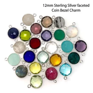 Birthstone Connector, Bezel Gemstone Sterling Silver Charm, Faceted Coin (2 Pcs) - Picture 1 of 15