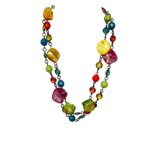Crystal and Shell Necklace Neon Multi Color Died Seashell Lucite Beads Statement - Picture 1 of 6