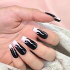 Y2K Long Coffin Black Press on Nails Pink Flame Acrylic Fake Nails with Desig...