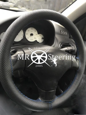 PERFORATED LEATHER STEERING WHEEL COVER FOR PEUGEOT 308 2007+ BLUE DOUBLE STITCH - Image 1 of 4