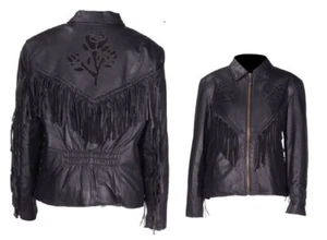 Chaqueta de cuero suave con incrustaciones de rosa negra para mujer trenza y flecos - Imagen 1 de 6