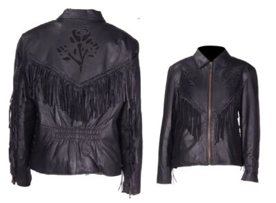 Women's Black Rose Inlay Top Grade Heavy Duty Soft Leather Jacket Braid & Fringe - Image 1 of 4