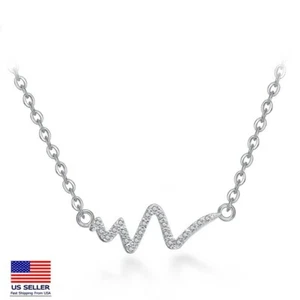 Women 925 Sterling Silver Chain Necklace Crystal Abstract Heartbeat W Pendant - Picture 1 of 4