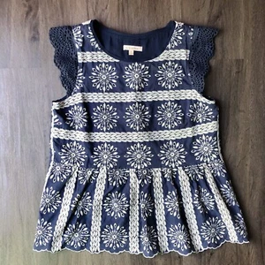 Anthropologie Skies Are Blue Embroidered Top Navy White Size XS Crochet Trim - Picture 1 of 7