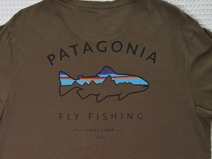 Patagonia Fly Fishing Fish Logo Dark Green Cotton T-shirt Size M Regular Fit - Picture 1 of 8