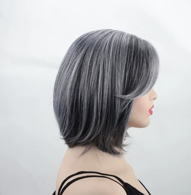 Short Bob Gray Mix Synthetic Hair Wigs Women Soft Natural Grandma Daliy Use - Image 1 of 4