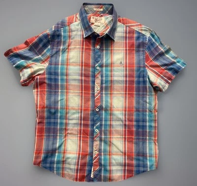 Penguin Munsingwear Short Sleeve Button Up Shirt Red White Blue Plaid Large JBHS - Image 1 of 4