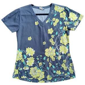 Gray's Anatomy Scrub Top Size Small* Gray Yellow Sunshine Floral V Neck 41386 - Picture 1 of 8