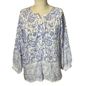 Bell by Alicia Bell Top Small Blue White Tunic Paisley Cotton Silk Button Up - Picture 1 of 6