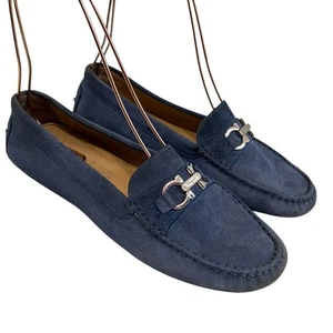 Salvatore Ferragamo Gancini driving loafers US womens 8 blue suede horsebit flat - Picture 1 of 14