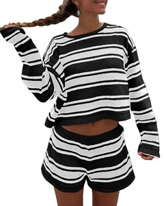 Womens Striped Pajama Sets Long Sleeve Crewneck Sweater Top and Shorts 2 Piec... - Picture 1 of 6