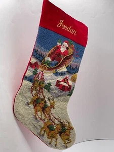 Lilian Vernon Needlepoint Santa & Reindeer Xmas Stocking. Personalized JORDAN. - Picture 1 of 9