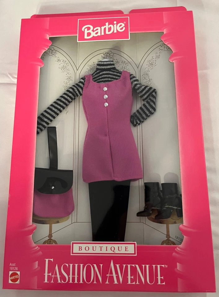 Mattel 1997 Barbie Fashion Avenue Boutique Pink White Color Block Set 18126 Boho