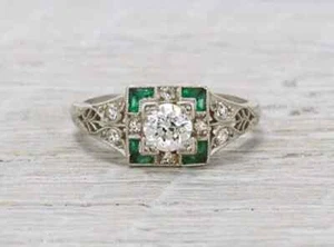 Vintage Art Deco Lab Created Diamant & Smaragd Verlobungsring 14K Weißgold FN Ring - Bild 1 von 6