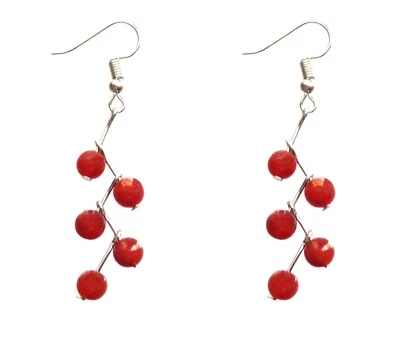 Red carnelian stone bead long dangling earrings with round red stones New Foto 1 de 4