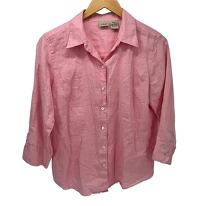 LL Bean Blouse Womens Medium Linen Button Up Pink 3/4 Sleeve Coastal Lagenlook - Picture 1 of 7