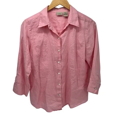 LL Bean Blouse Womens Medium Linen Button Up Pink 3/4 Sleeve Coastal Lagenlook - Imagem 1 de 4