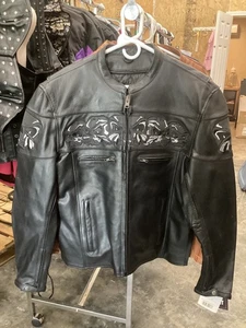 Reflective Skull Premium Cowhide Leather Motorcycle Jacket - zip out liner - Picture 1 of 5