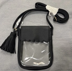 Crossbody Black Colored Clear Purse With Scalloped Flap/Tassel Front Closure - Afbeelding 1 van 5