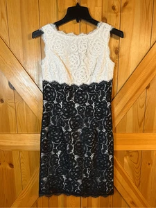 Vestido Vaina Adrianna Papell Talla 2 Mezcla Nylon Negro Blanco Encaje Floral (8674) - Imagen 1 de 6
