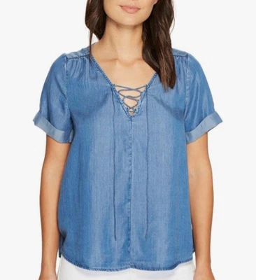 Top de mujer Lucky Brand Plus 2X manga corta con cordones cambray cuadrado informal boho Foto 1 de 4