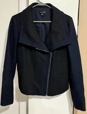 Chaqueta de moto Ann Taylor para mujer talla 10 negra/azul marino mezcla de lana cremallera completa Foto 1 de 4