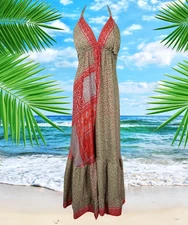 Womens Backless Maxi Dress, Boho Gypsy Flare Swing Silk Beach Dresses Pink S/M/L