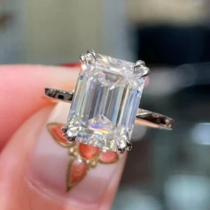 8 ctw Created Emerald Cut Diamond Women's Engagement Ring 14k White Gold Plated - Picture 1 of 4