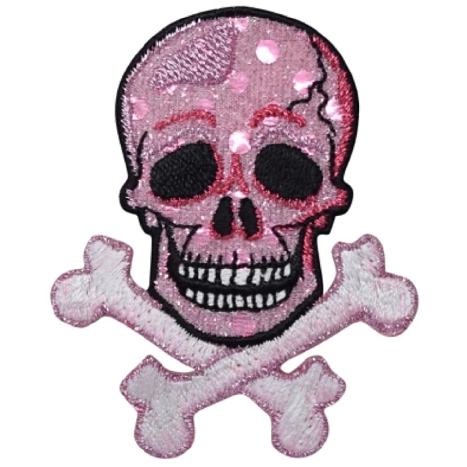 Skull Crossbones Applique Patch - Shimmery Pink Skeleton Badge 2.75" (Iron on) - Image 1 of 1