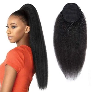 16 Inch Kinky Straight Drawstring Ponytail Human Hair Extension Natural Black - Picture 1 of 6