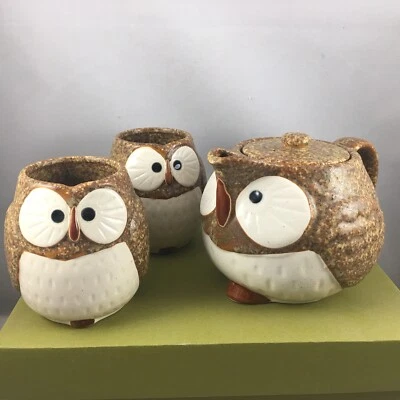 SET of 3 Japanese Kotobuki Tea Pot Cups Set Brown Lucky Owl Boxed Made in Japan - Image 1 of 4