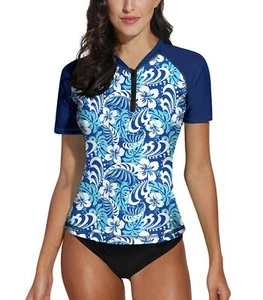 Womens Short Sleeve Rash Guard Shirt Zip Up UV Swimming Blouson Blue Floral L... - Picture 1 of 7